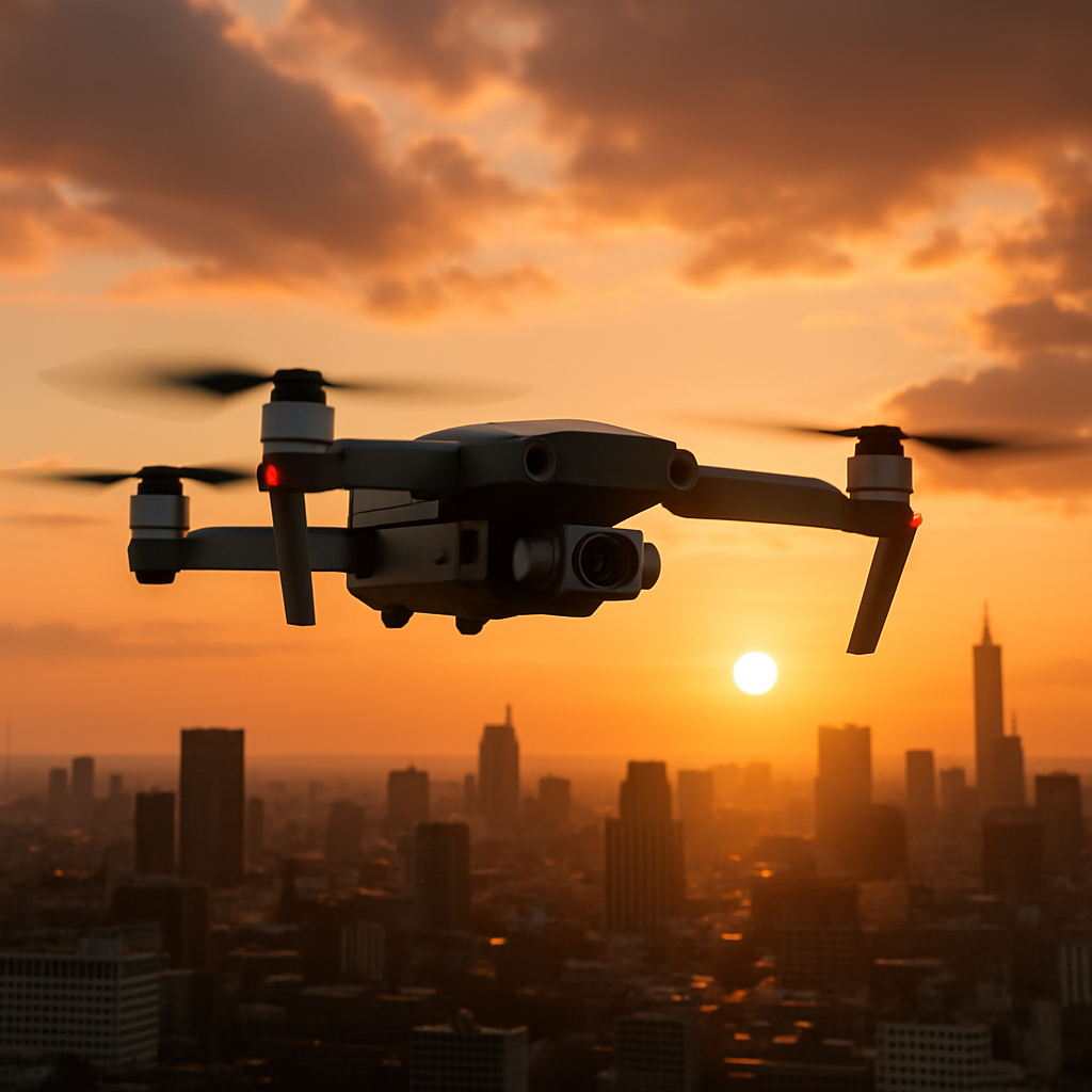 Cena de drone voando sobre a cidade com o céu alaranjado do pôr do sol