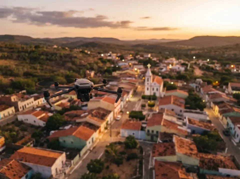 Vista aérea de cidade do sertão ao pôr do sol
