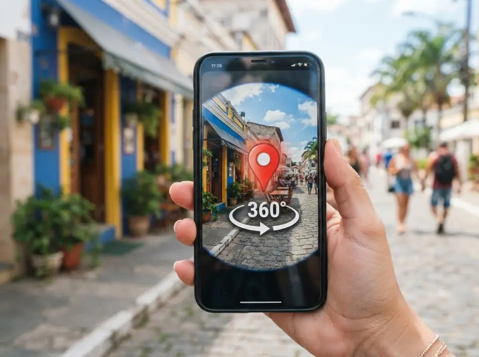 Celular exibindo visão 360° de uma fachada no mapa